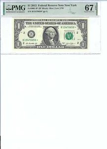 2013 $1 FRN FR3001-B* PMG 67 Gem UNC EPQ, New York * Note S/N B15470650*!!! - Picture 1 of 2