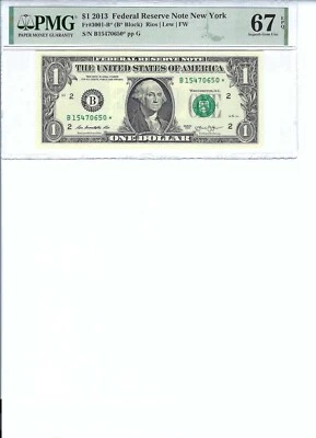 2013 $1 FRN FR3001-B* PMG 67 Gem UNC EPQ, New York * Note S/N B15470650*!!! - Image 1 of 2