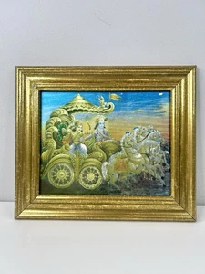 Vintage Lord Krishna On Battlefield Hindu Framed Wall Artwork 13x11.5 - Picture 1 of 7