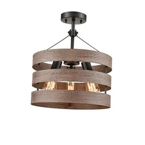 Farmhouse Semi Flush Mount Metal Drum Shade Wood Finish 3-Light Ceiling Light - Picture 1 of 7