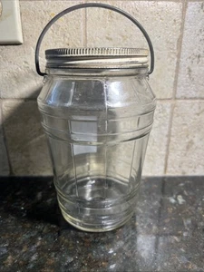Vtg Glass Refrigerator Jar /Pickle jar / Metal Handle Metal Lid Bucket Design - Picture 1 of 11