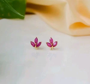 1.2TCW NATURAL RUBY 10K SOLID YELLOW GOLD LEAF EARRING STUDS DAINTY AND DELICATE - Picture 1 of 3