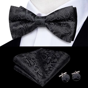 Black Paisley Mens Bowtie Pretied Bow Ties Hankie Cufflinks Set Wedding Event - Picture 1 of 5