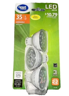 Great Value LED Dimmable (35w equiv) MR16 3pack ~ NEW - Image 1 of 2