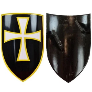 Medieval Heater Shield. White Cross on Black  Costume Re-enactment & Decoration - Picture 1 of 1