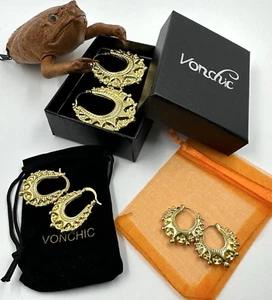 3Pairs Victorian 9ct Yellow Gold Spiked Oval Gypsy Creole Hoop Earrings Set - Picture 1 of 12