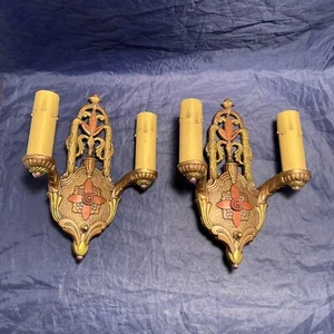 Pair antique double candle wall sconces Nice Polychrome Finish 8K - Picture 1 of 6