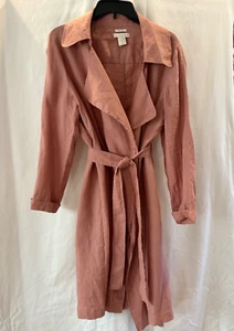 Catherine Malandrino Jacket Womens Lrge Pink Linen Belted Trench Wrap Dusty Rose - Picture 1 of 16