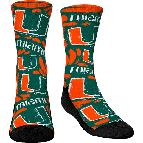 Youth Rock Em Socks Miami Hurricanes Allover Logo & Paint Crew Socks Cover