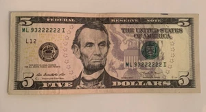 Six Of A Kind #93222222 $5 Bill SERIAL NUMBER Repeating 2’s - Picture 1 of 2