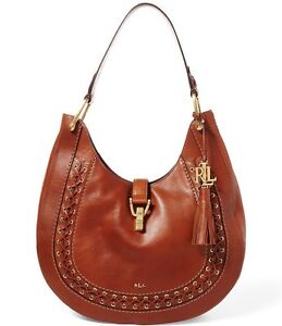 Lauren Ralph Lauren $498 Ashfield Abree laced Hobo bag purse leather field brown