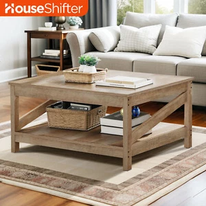 Square Wood Coffee Table Barnhouse w/ 2-Tier Open Storage Shelf for Living Room - Picture 1 of 11