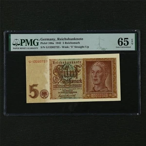 1942 Germany Reichsbanknote 5 Reichsmark Pick#186a PMG 65 EPQ Gem UNC - Picture 1 of 4