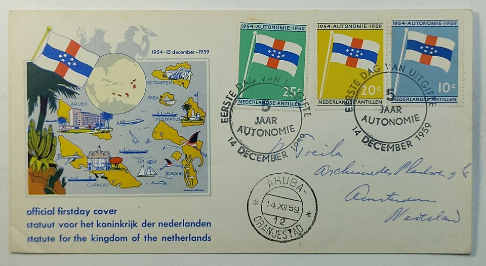 1959 FDC Aruba Netherlands Antilles Charter Kingdom of Netherlands SG #410-412 - Image 1 of 2