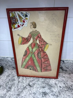 Vintage Queen of Hearts Costume Sketch Watercolor Framed Signed H C Warren 1930s - Image 1 of 4