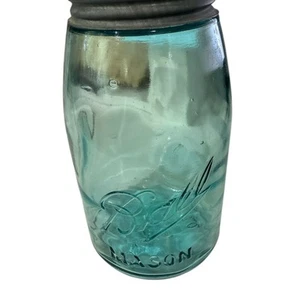 Ball Mason Quart Canning Jar 7 1/4 inch Zinc Lid Bubbles wavy Glass Aqua Color - Foto 1 di 5