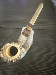 Incredible Vintage Antler Stag Horn Smoking Pipe W/ Intricate Wood Trim & Stand - Picture 1 of 16