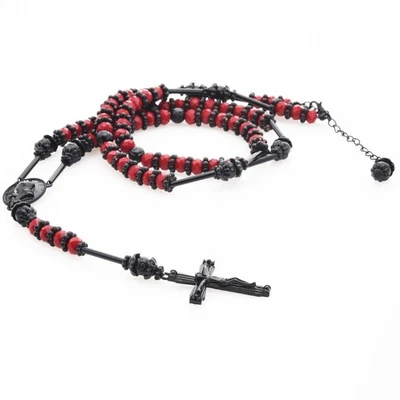 Colar masculino hip hop 8 mm contas vermelhas rosário preto mão de oração e cruz de Jesus BKRD - Imagem 1 de 4