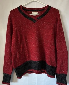 Christopher & Banks Red Confetti V Neck Pull Over Sweater With Black Accents LG - Picture 1 of 8