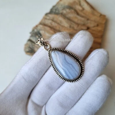 蓝色花边玛瑙宝石吊坠 925 纯银免费送货物品 PG5175 — 第 1/4 张图片