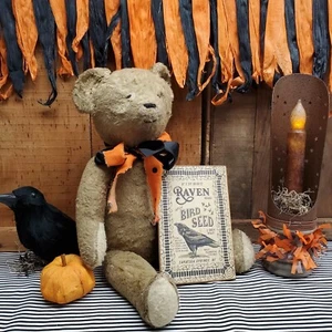 PRIMITIVE VINTAGE STEAMPUNK STYLE HALLOWEEN RAVEN CROW SEED WOOD SHELF SIT SIGN - Picture 1 of 8