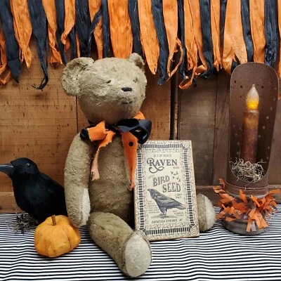 PRIMITIVE VINTAGE STEAMPUNK STYLE HALLOWEEN RAVEN CROW SEED WOOD SHELF SIT SIGN - Image 1 of 4