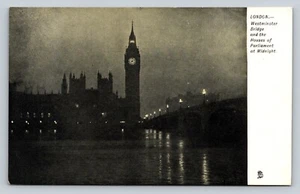 Tuck Antique Postcard Midnight London Westminster Bridge Houses of Parliament - Picture 1 of 2
