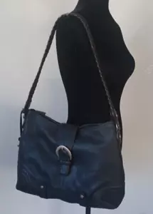 Bolso de Hombro Hobo Vintage BRIGHTON Cuero Guijarro Negro Detalle Trenzado con Plateado - Imagen 1 de 18