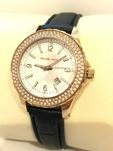 MICHAEL KORS LADIES MK5403 ROSE GOLD CRYSTAL GLITZ BEZEL BLACK STRAP WATCH $275 - Picture 1 of 5