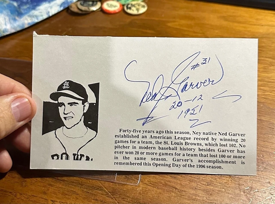 Ned Garver Index Card St Louis Browns Autographed Auto Signed - Image 1 of 2