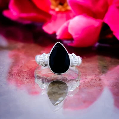 Fabuloso Ónice Negro Corte Piedra 925 Plata de Ley Handmade Anillo Todo Talla - Imagen 1 de 3
