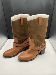Ralph Lauren Cacey Women's Mid Calf Brown Suede Leather Upper Cowgirl Boots 6.5B - Picture 1 of 10