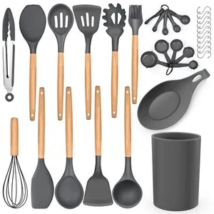 33-Piece Silicone Kitchen Cooking Utensils Set with Holder Wooden Handle Heat... - Picture 1 of 7