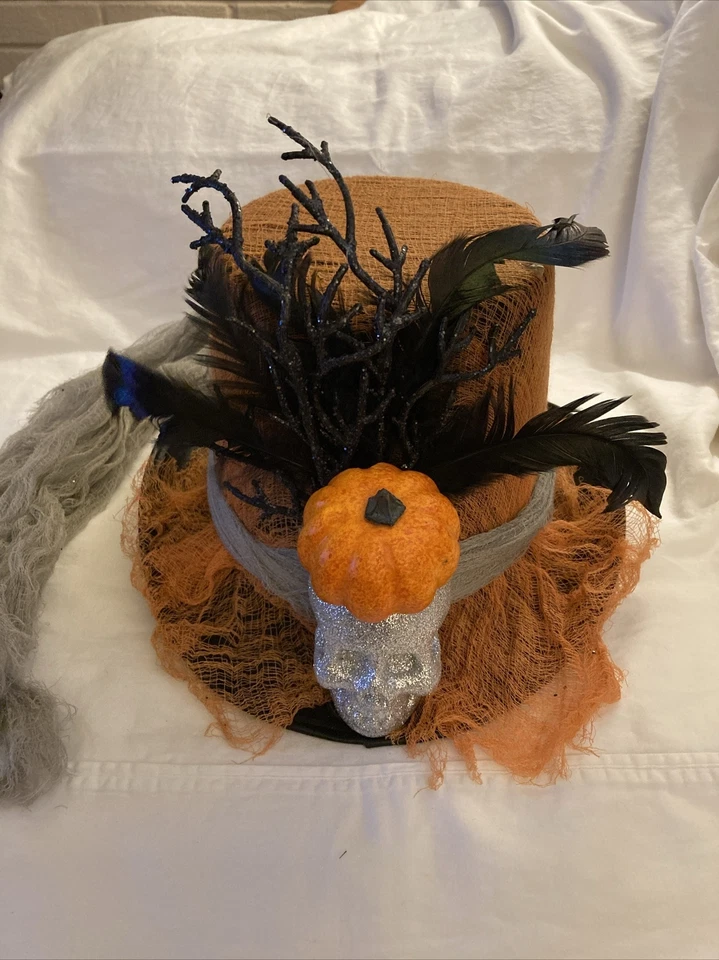 Halloween Black Feather Voodoo Felt Top Hat W/Skull &Pumpkin Gray Mesh Rim Tail - Image 1 of 4