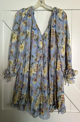 NUEVO CON ETIQUETAS ROSA SIN FIN Mujer BOHO Gasa MAMELUCO Azul Lt Floral Forrado con Volantes Talla M Foto 1 de 4