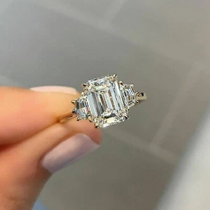 3.20Ct Emerald Cut Lab-Created Diamond Three Stone Women Engagement Silver Ring - Picture 1 of 6