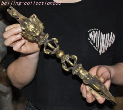 14'' Tibet bronze Mahakala head dagger Dorje Phurpa Pestle Vajra Exorcism FaQi - Image 1 of 4