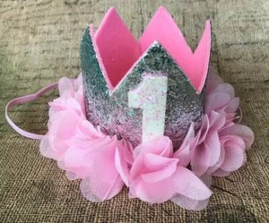 Silver & Pink 1 First Birthday Glitter Crown Headband - Picture 1 of 1
