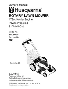 Manual del Propietario Husqvarna 173cc Motor 21" Cortacésped - Modelo 917.374081 - Imagen 1 de 5