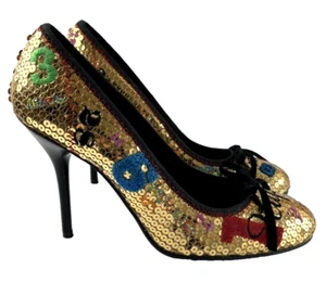 Ras Gold Sequin Party Stiletto Heels With Black Bow Women's Size 39 - Picture 1 of 17