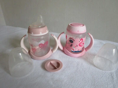 NUK Trinklern-Becher, Flaschen 2er Set, 150ml, pink Kunststoff mit Griff - Bild 1 von 3