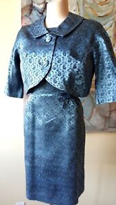 VINTAGE 1950s 50's SATIN MYRTLE BLUE PAISLEY WIGGLE SUIT DRESS JACKET M/L