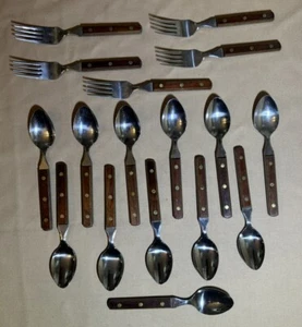 Set of 17 Pieces Present Stainless Flatware Wood Handles Brass Rivets Japan - Picture 1 of 5