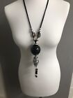 Very Large Statement Beaded Necklace Black and Silver Coloured Heart Leaf