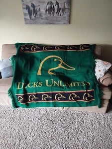 Vtg Ducks Unlimited Fringe 100% Virgin Acrylic Blanket Throw USA 60" x 58" - Picture 1 of 23