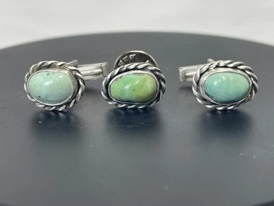 Sterling Silver and Turquoise Cuff Links and Tie Tack - Image 1 of 4