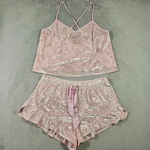 Victoria's Secret Crushed Velvet Pajama Set Med Pink Cami Ruffle Shorts Lounge - Picture 1 of 16