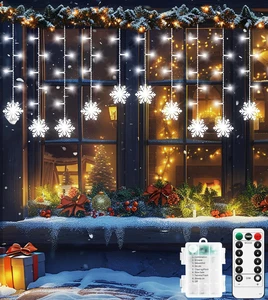 Luce Finestra Natalizia Alimentata a Batteria 90 LED 3,5M Fiocchi di Neve Tenda Luci, Ch - Foto 1 di 12