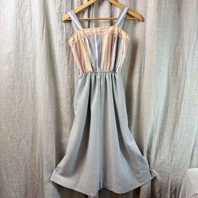 VTG 70s Tank Dress Pastel Stripe Bodice Size XS Midi Retro Americana Picnic - Image 1 of 4