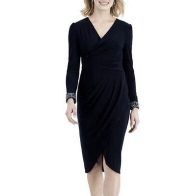 Adrianna Papell Draped Jersey Dress Wrap Black Beaded Cuffs Cocktail US 6 NWT - Image 1 of 4